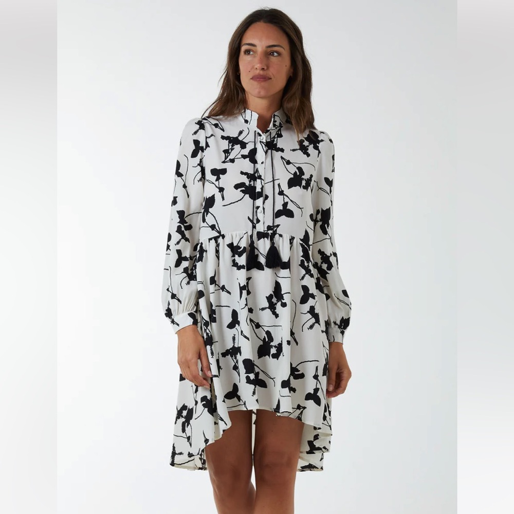 Mandarin Collar High Low Long Sleeve Dress